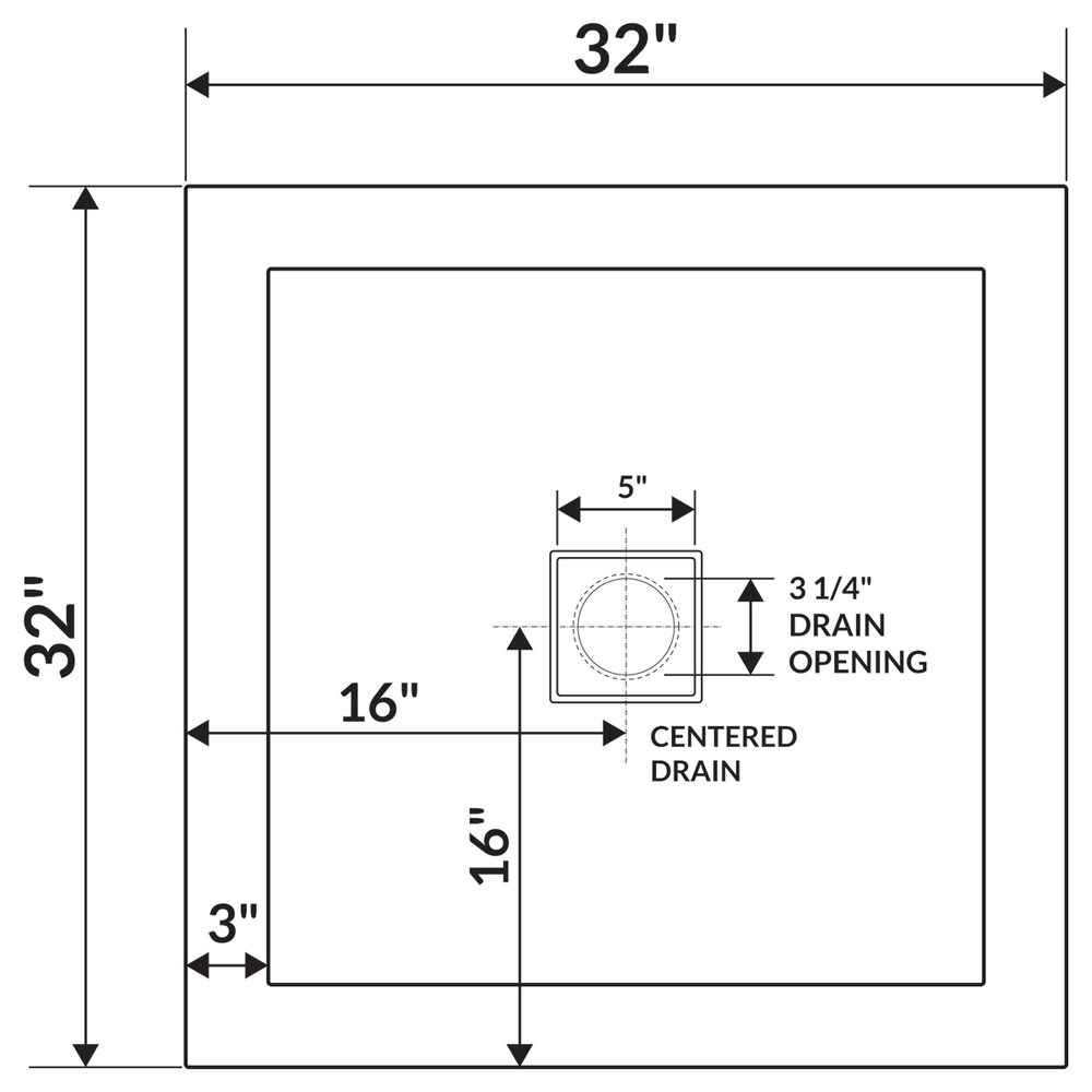 32"x32" Shower Base Pan Left Double Threshold Wall Corner Center Drain LessCare