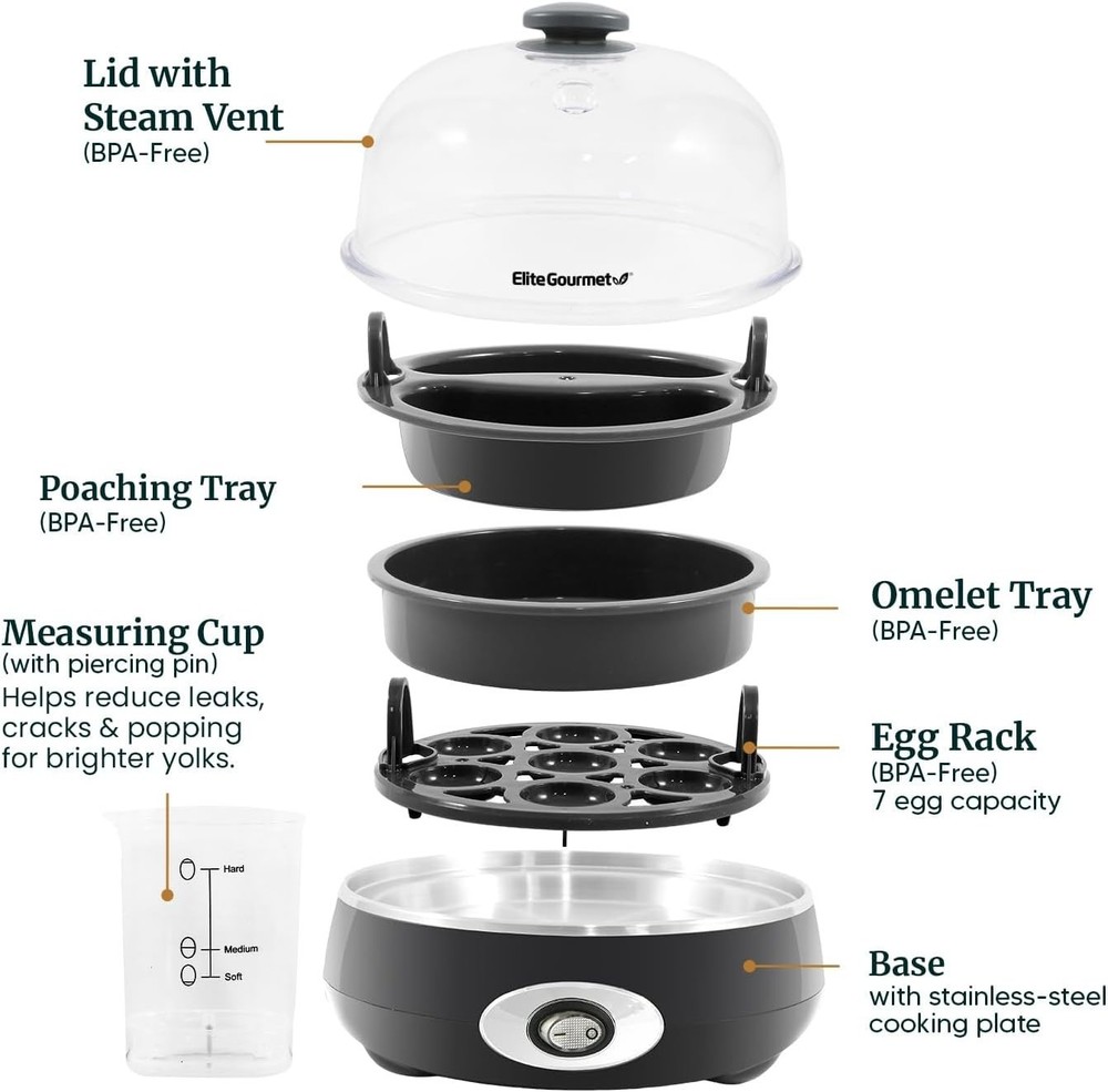 Rapid Egg Cooker 7‑Egg Capacity Charcoal Grey Auto Shut‑Off Timer Buzzer Omelet