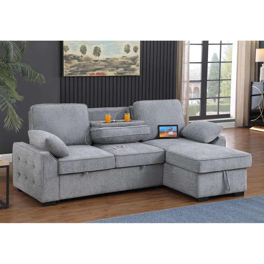 Light Gray 91"W Reversible Sleeper Sectional Chenille Storage Chaise & Table