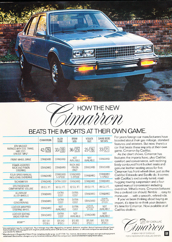 1982 Cadillac Cimarron Blue Vintage Advertisement Ad