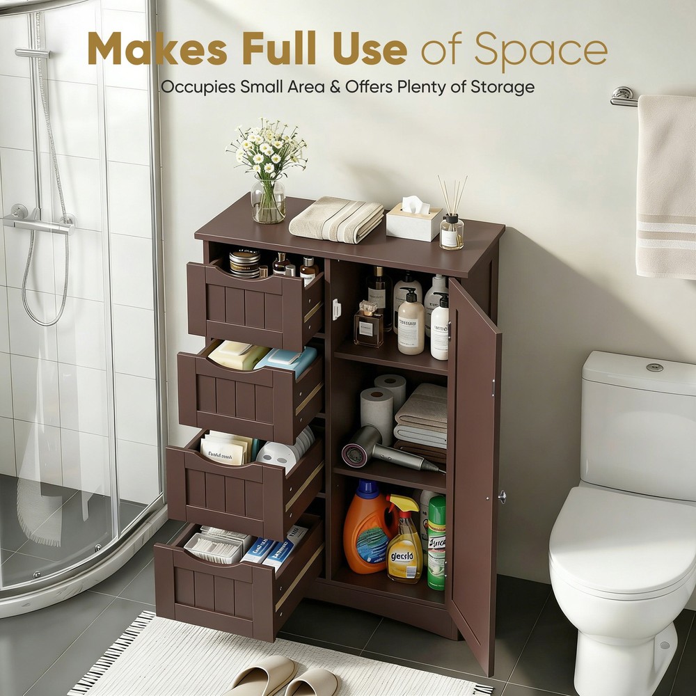Brown Bathroom Storage Cabinet with Adjustable Shelf Floor Storage Cupboard