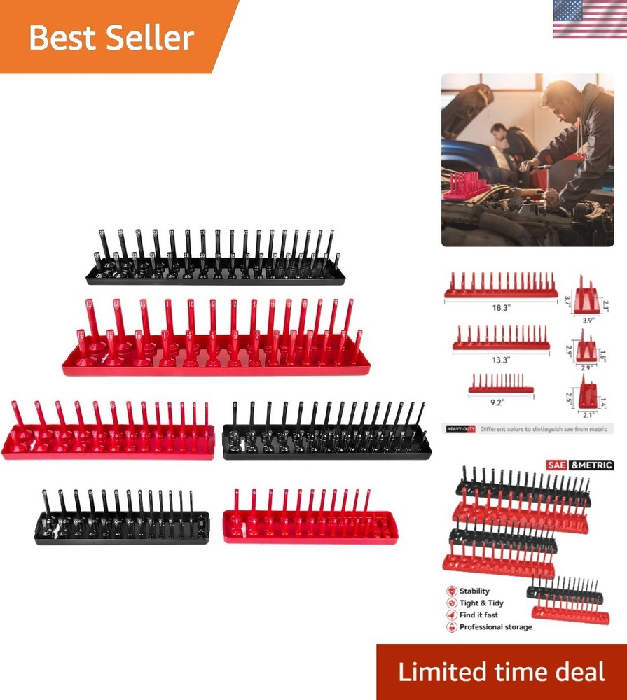 6PCS Socket Organizer Tray Set, Red SAE & Black Metric Socket Storage Trays, ...