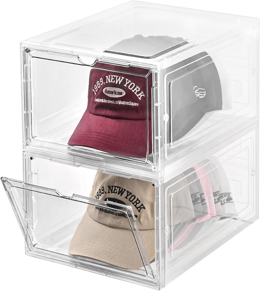 Hat Organizer Box,Stackable Clear Baseball Caps Holder Box Containers W/