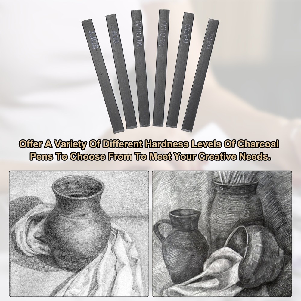 Compressed Charcoal Sticks, Soft Grade Charcoal Sticks(Pack of 6)