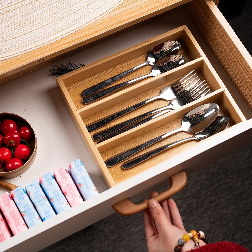 Silverware Organizer Bamboo Kitchen Drawer 3 Compartments, Natural