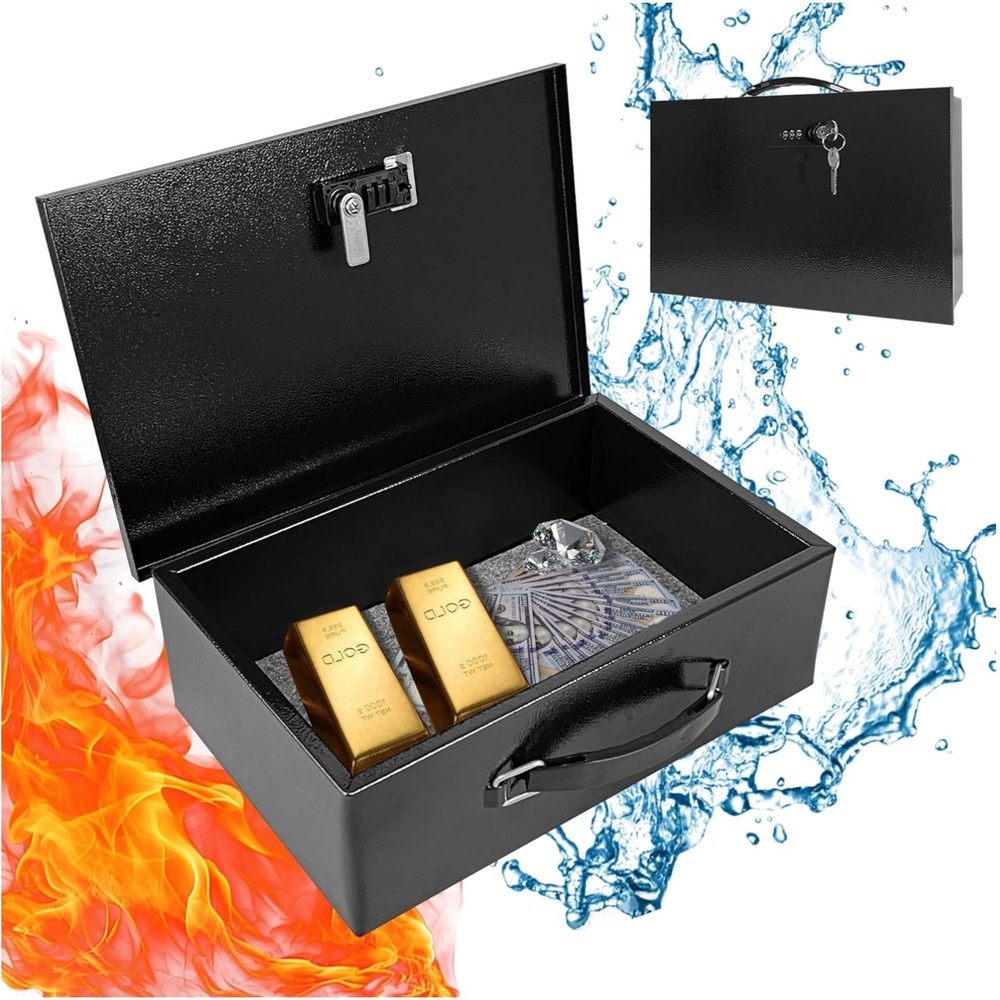 Fireproof Lock Box with Key&Combination Lock-Fire Safe Document Box,Portable