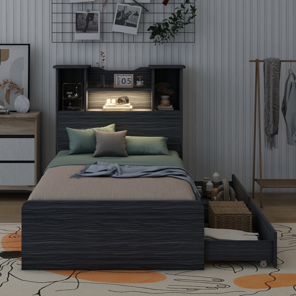 Twin Size Bed Frame Wood Platform Bed with Storage Shelf & Drawer & LED Light US