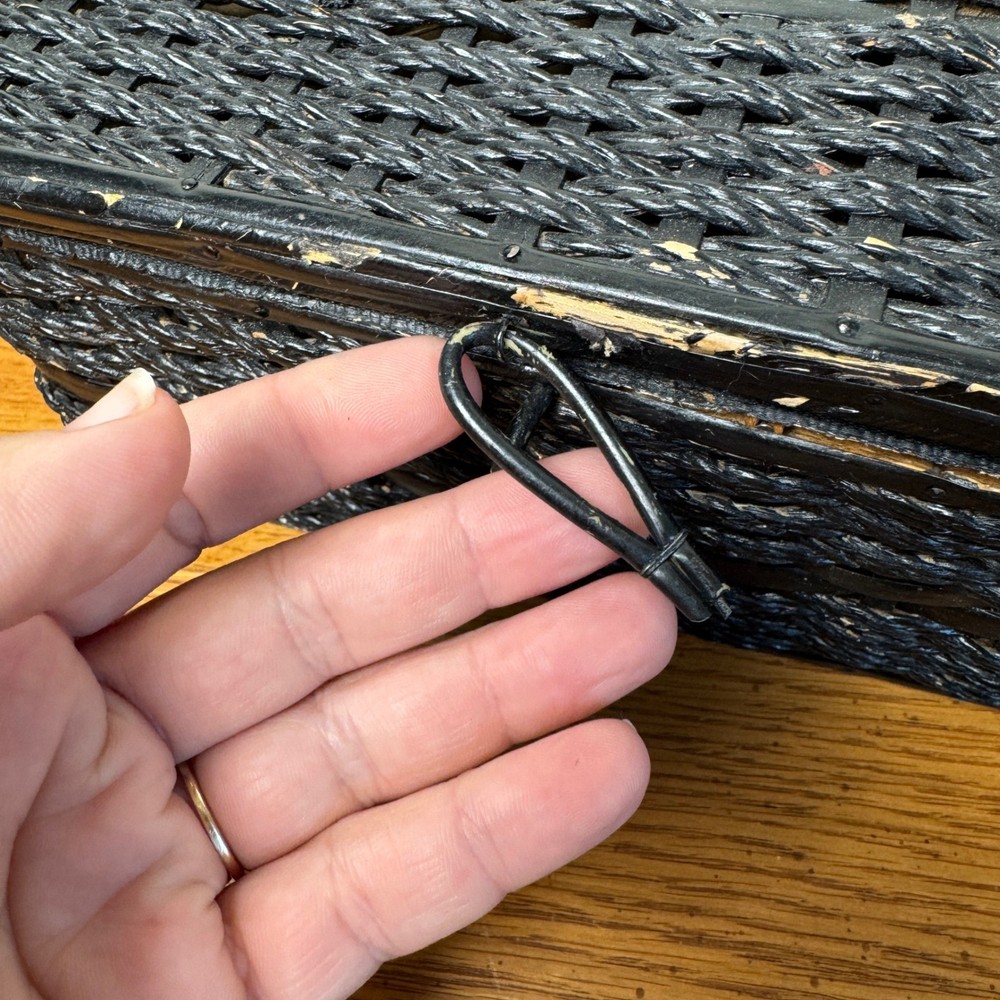 Vintage Black Wicker Sewing Kit Notions Case Handle Clasp Satin lined