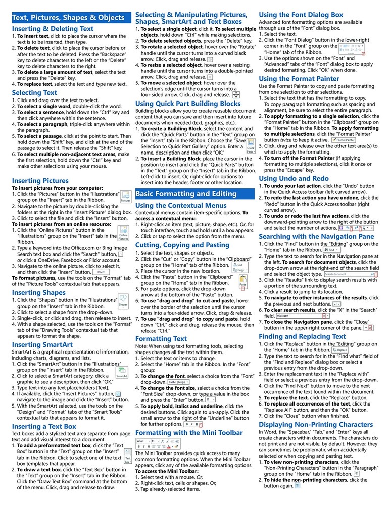 Word 2013 Training Guide Quick Reference Card 4 Page Cheat Sheet Instructions