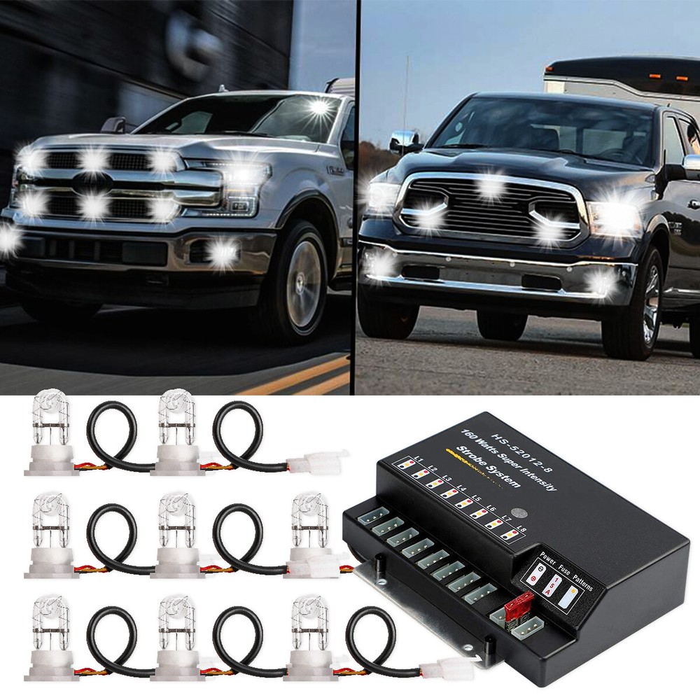 8 HID Bulbs Hide Away Emergency Strobe Light Headlight Kit Warning System WHITE