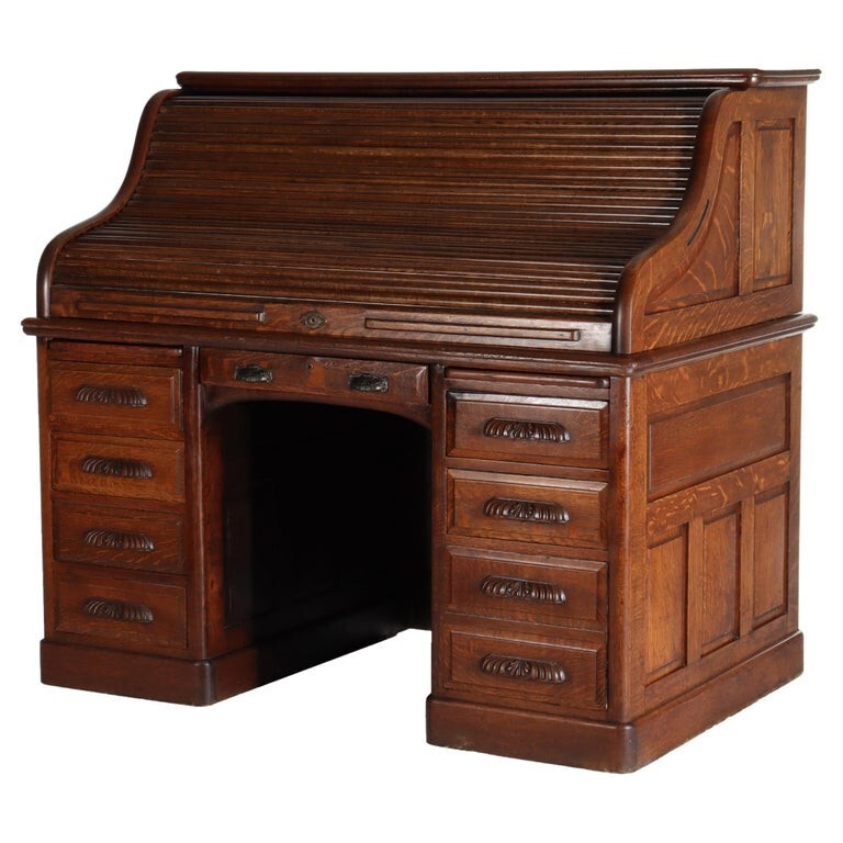 Derby Oak Raised Panel S-Roll Top Desk with Carved Pulls c1920