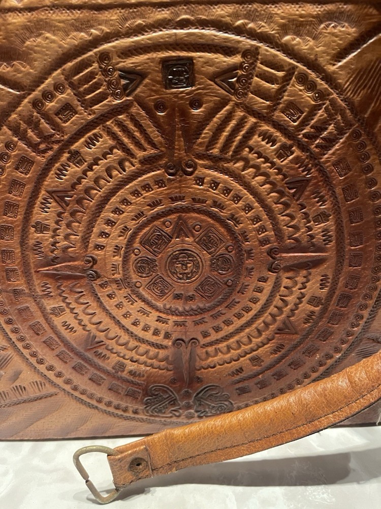 Vintage Tooled Leather Bowling Bag Mexican Aztec Mayan Western - Broken Handle