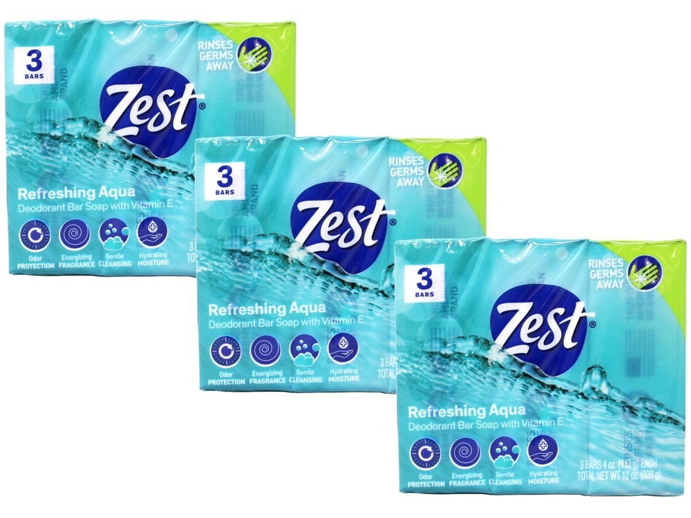 Zest Refreshing Aqua Deodorant Bar Soap with Vitamin E, 3 Bars 4 OZ Each 3 Pack