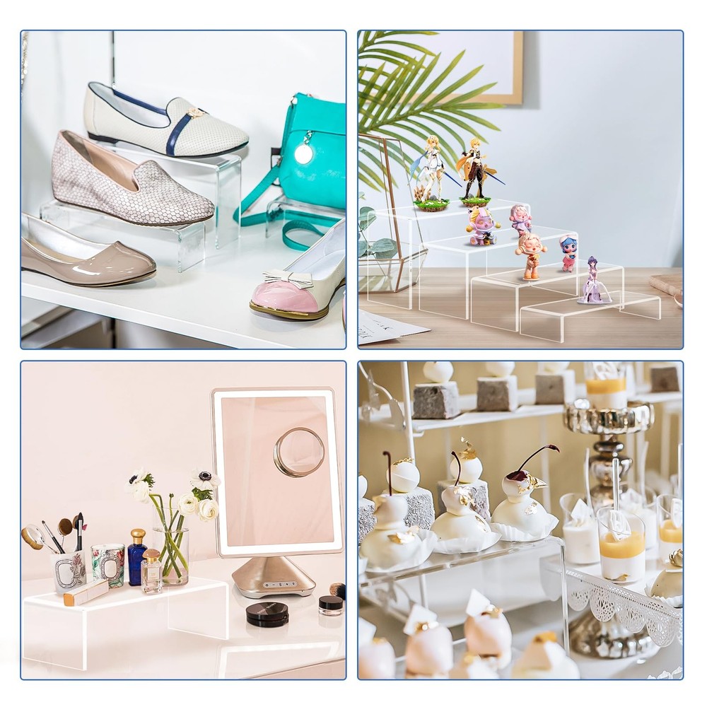 8 PCS Clear Acrylic Risers, 2 Sets, Rectangular Stands, Shelf, Decor, Showcase