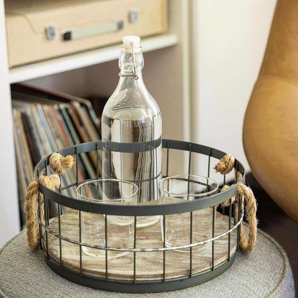 2Pc round Stackable Metal Wire and Wood Basket Set with Rope Handles, Rustic Dec