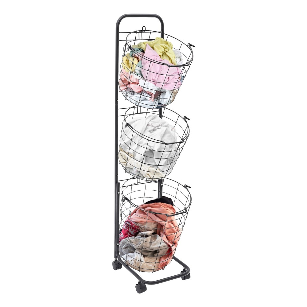 3 Tier Rolling Laundry Hamper with 3 Removable Wire Basket & 4 Universal Wheels