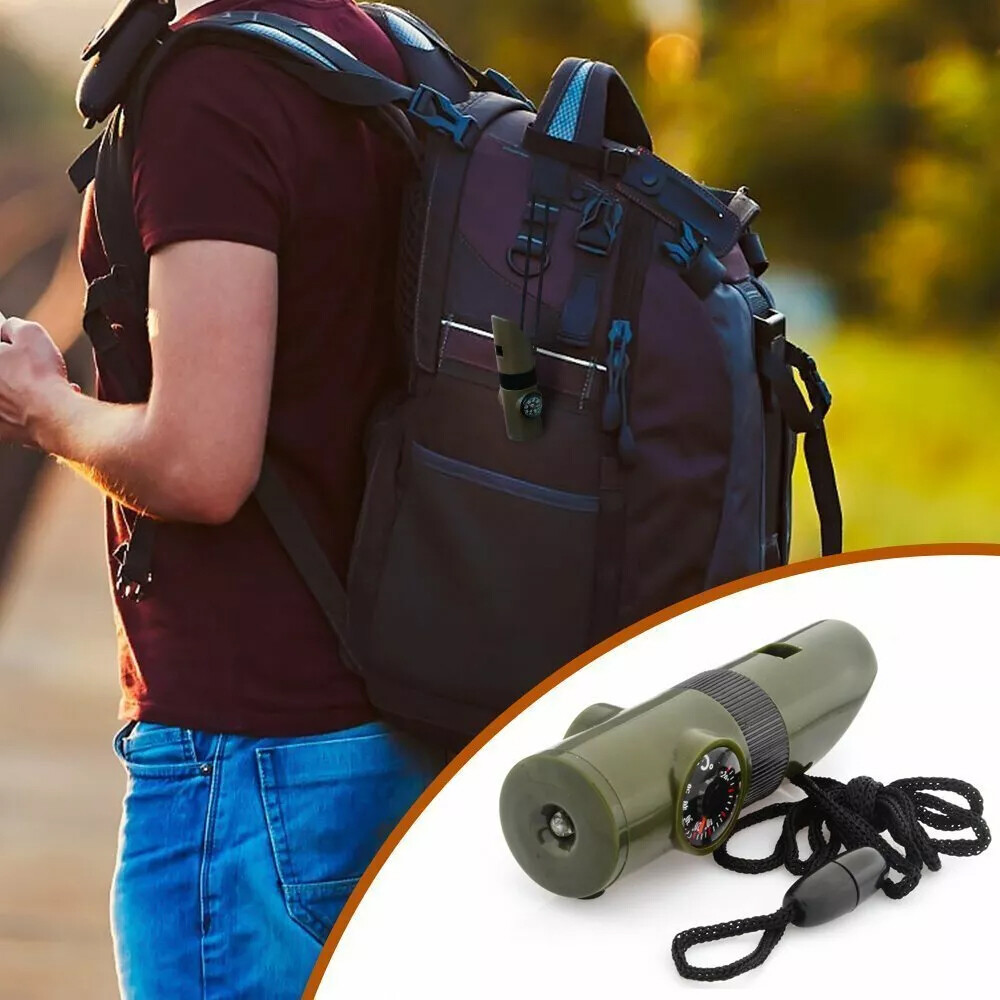 2PCS 7 in 1 Camping Survival Whistle Compass Thermometer Flashlight Magnifier