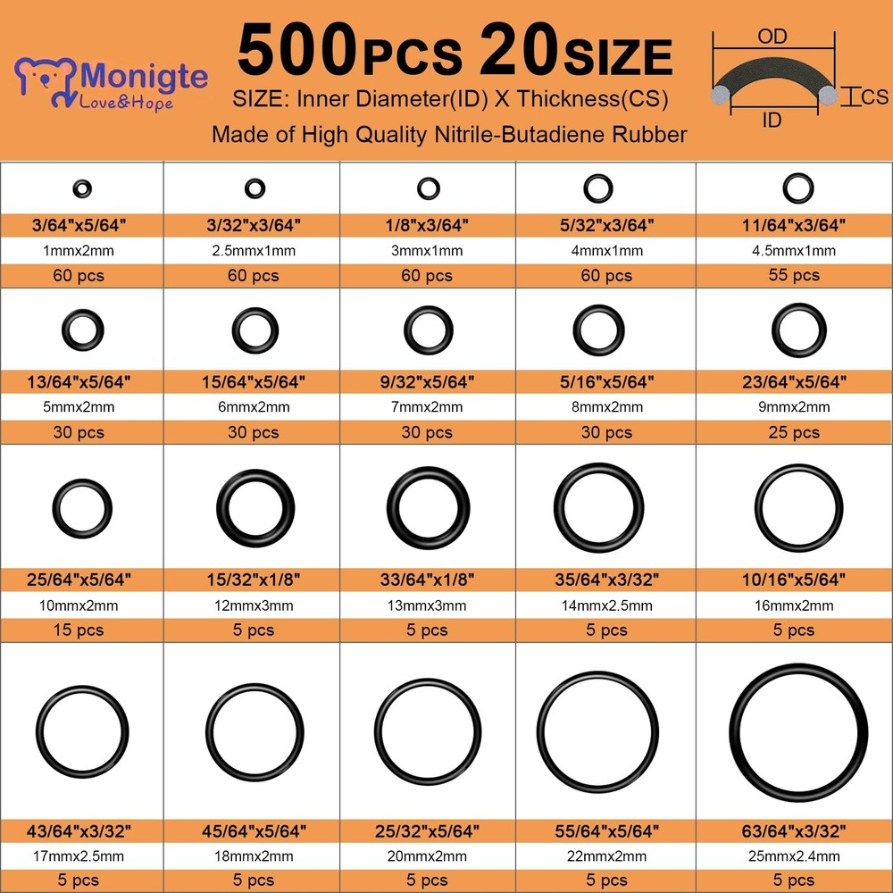 500 Pcs 20 Sizes O Ring Kit,Rubber O-Ring Assortment Kit, Rubber Black