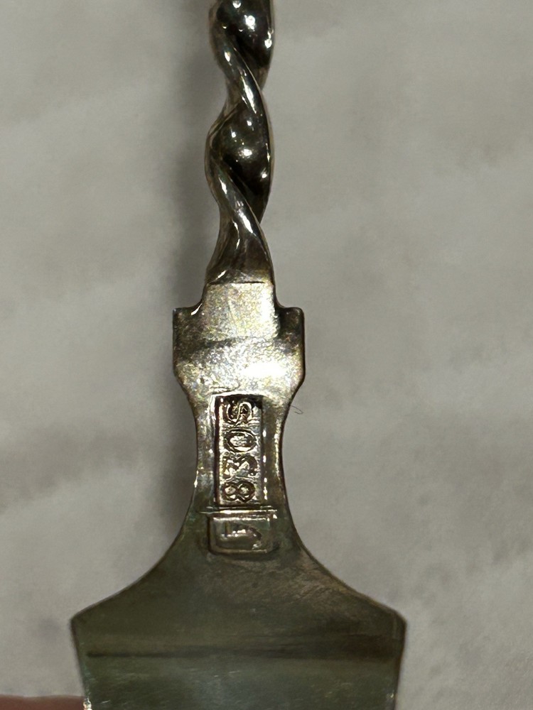 Sylvsmidja 830s Silver Pickle Lemon Fork Twist Handle Gold Leaf Ball End NORWAY