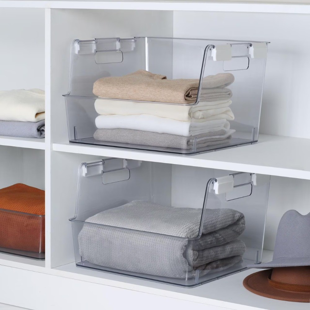 Large Clear Plastic Stackable Bin for Closet with White Latches