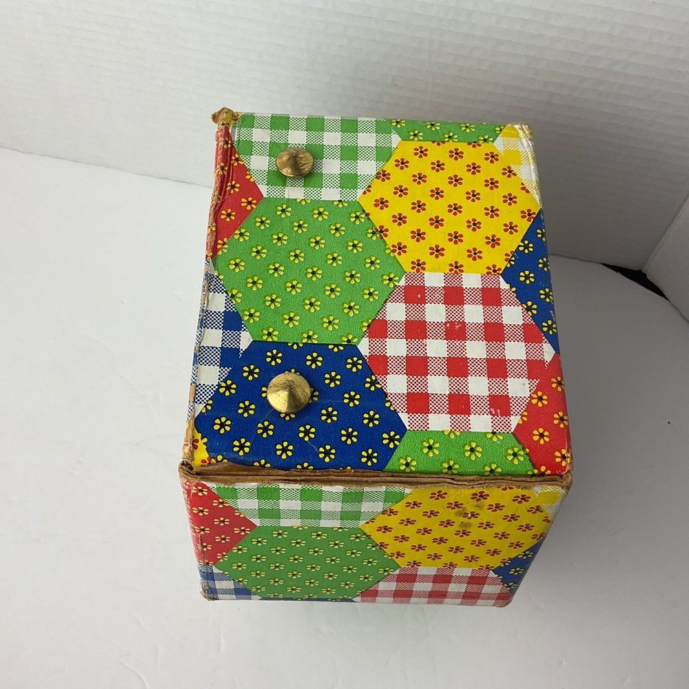 Patchwork Print Sewing Box with Tray Vintage 70s Hexagon Shape Storage