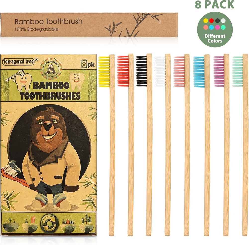 8 Count Bamboo Toothbrushes - BPA Free Soft Bristles, Biodegradable Eco Friendly