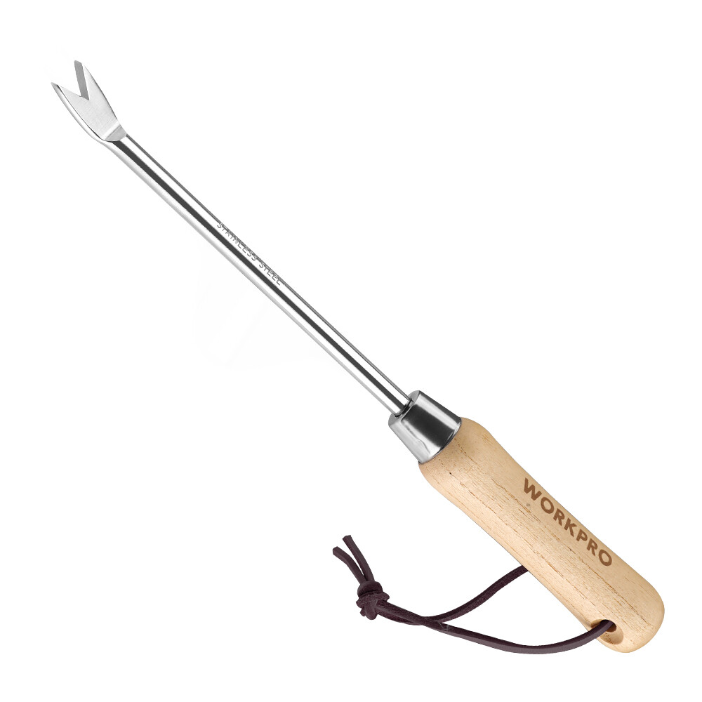 WORKPRO Weeder Puller Tool Wood Handle Weed Remover Tool 2-Pronged Fork Polished