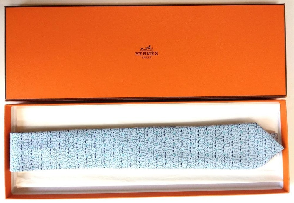 Hermes Tie Botanical Light Blue With Box