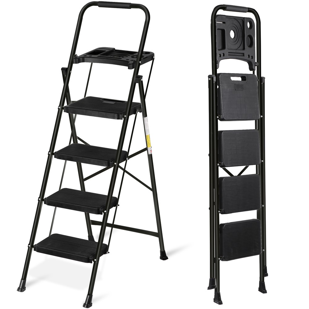 Step Ladder 4 Step Folding Black 330 Lbs Max Load Ladder Folding W/ Work Tray