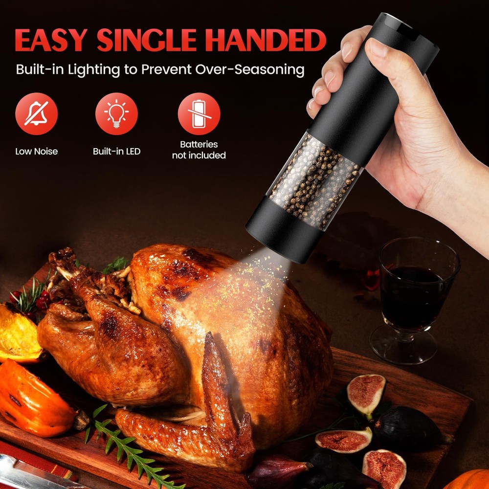Electric Salt and Pepper Grinder Set Automatic Battery 2 Pack, Black/Black
