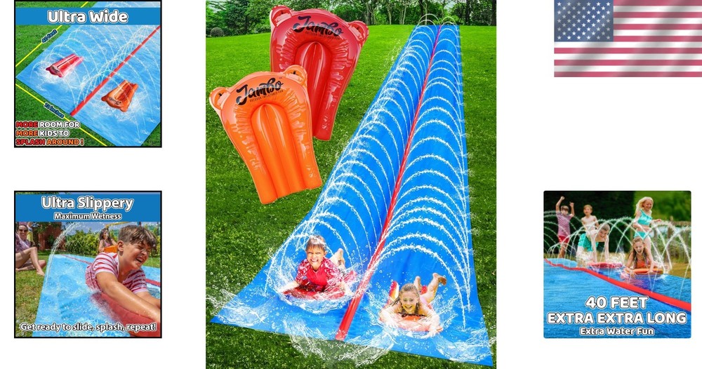 Water Slide Splash Pad 40FT with 2 Bodyboards - Ultimate Summer Backyard Fun!