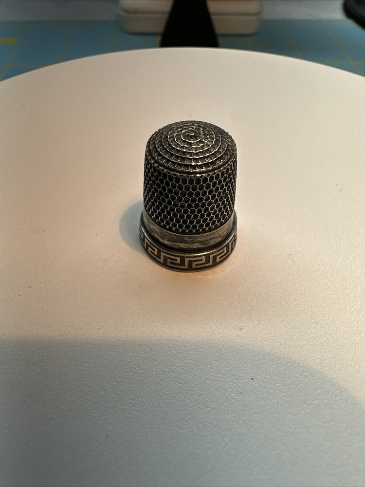 Antique Sterling Silver Simons Bros. Greek Key Thimble; Size 9