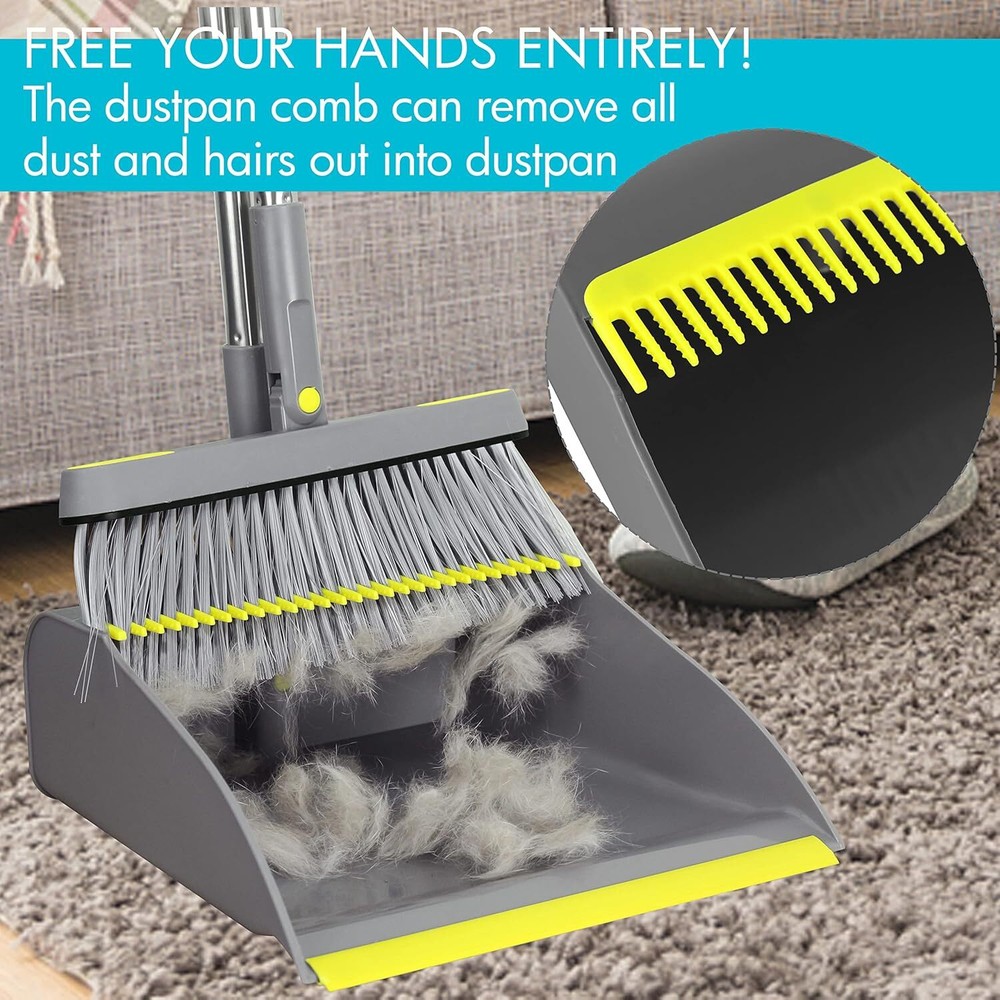 2-Piece Broom and Dustpan Combo Set, 48" Long Adjustable Handle Standing Dustpan