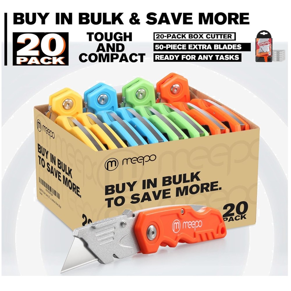 20-Pack Tough Folding Utility Knives with Extra Blades