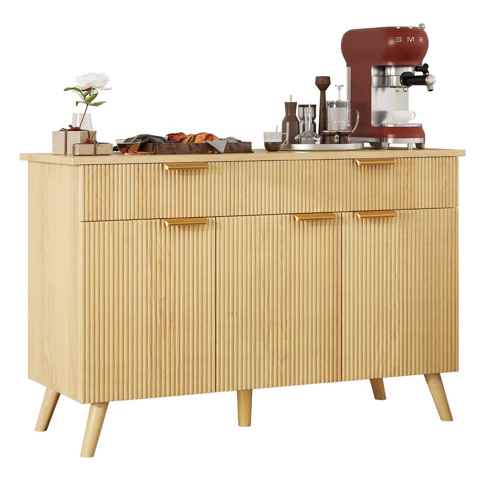 Kitchen Storage Cabinet with Drawers and Doors, Modern Fluted Sideboard Buffet