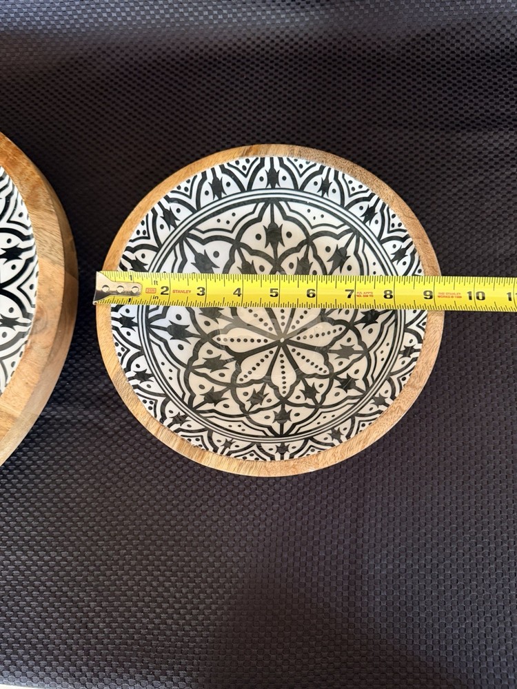 Lazy Susan Turntable Solid Wood With Boho Patterned Inlay And Matching Bowl