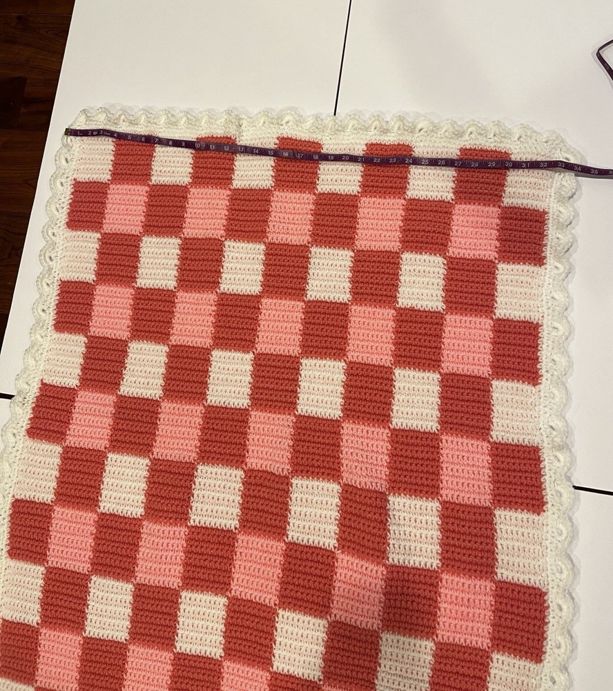 Hand Crocheted Pink Gingham Baby Blanket ￼
