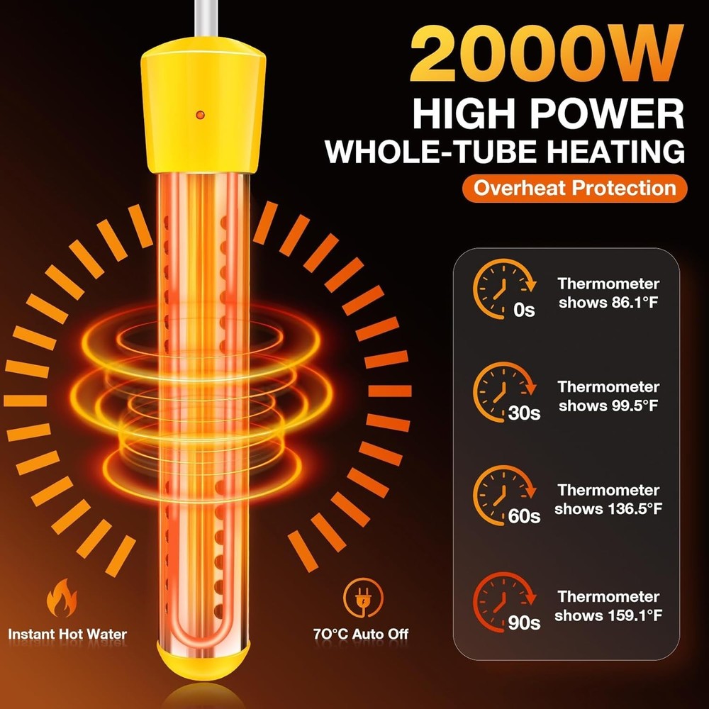 Immersion Water Heater W/ Insulated Gloves 2000W Portable Water Heater W/ 304 SS