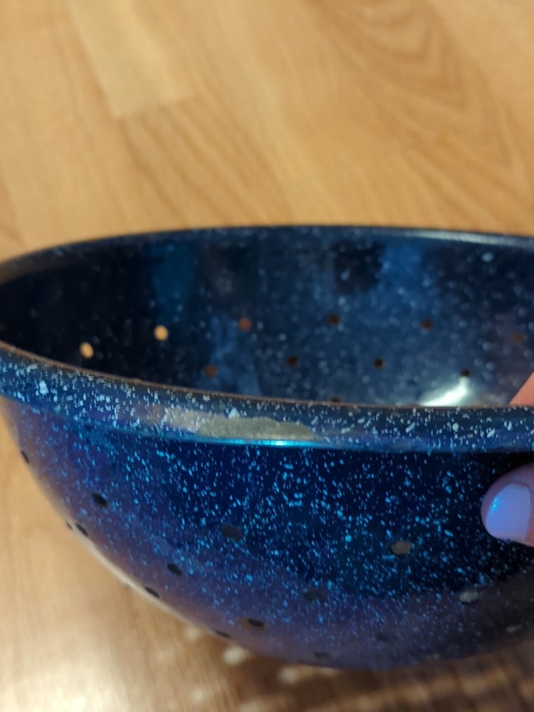 Vintage Enamelware Colander Strainer Blue Speckled 11.5" Round