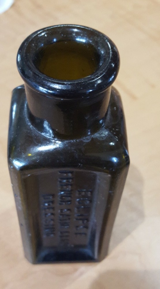 ANTIQUE OLIVE GREEN ECLIPSE FRENCH SATIN GLOSS DRESSING EMBOSSED BOTTLE