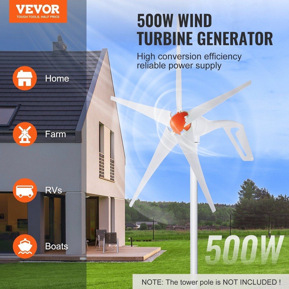 500W 12V Wind Power Kit, 5-Blade Design, MPPT Controller, Adjustable Windward