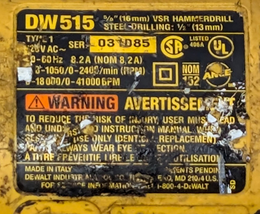 Dewalt DW515 5/8" Variable Speed Reversible Heavy Duty Hammer Drill