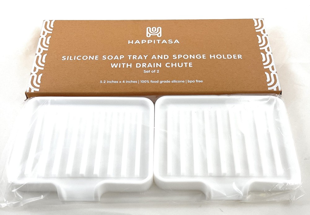 Silicone Soap Dish Tray and Sponge Holder with Drain Chute, Rectangular, Kitc...