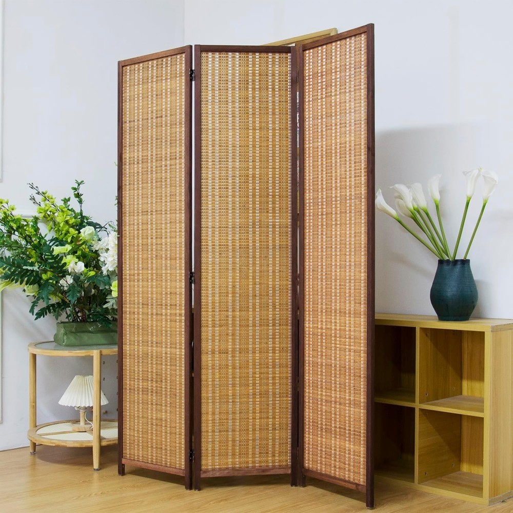 3 Panel Bamboo Room Divider Screen,5.6 FT Tall Bamboo Divider Folding Panel