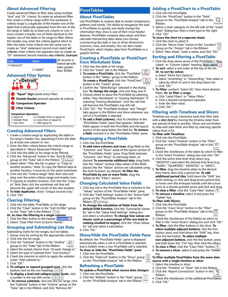 Microsoft Excel Tables PivotTables & Charts Quick Reference Training Cheat Sheet