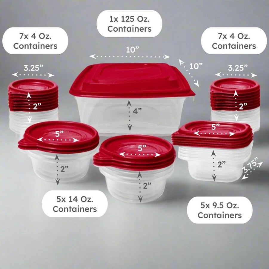 LexiHome, Nested 50-Piece Plastic Food Storage Container Set, Red Lids Rectangle