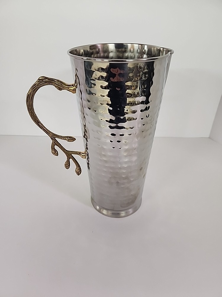 Hammered Stainless Steel Pitcher Brass Twig Leaf Handle - 9.5"H