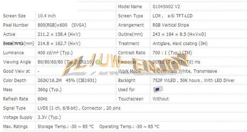 10.4" AUO 800×600 Resolution G104SN02 V2 LCD Screen Panel 1PC