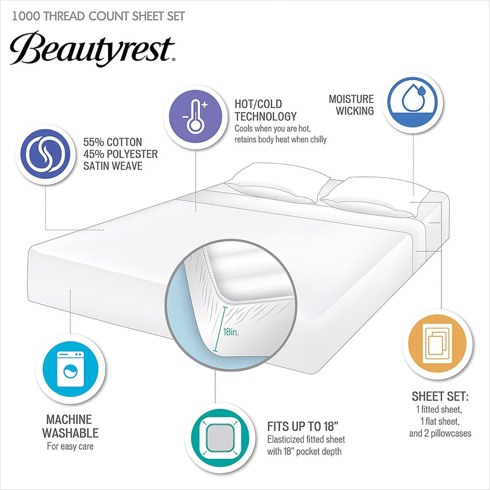 Beautyrest 1000 Thread Count, Solid Color Sheet Set, Elastic Deep Pocket, All Se