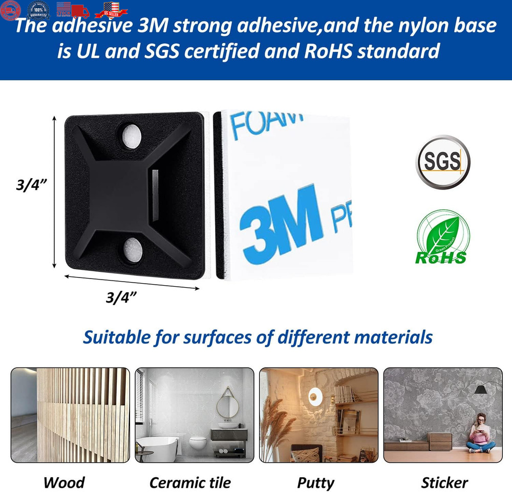Strong Back-Glue Self Adhesive Cable Zip Tie Mounts Kit - 100 Set Cable Manag